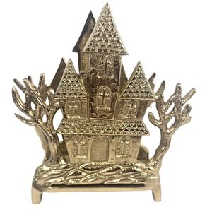 Gold Haunted House Napkin Holder Halloween Gothic Metal Trees 7 Inch